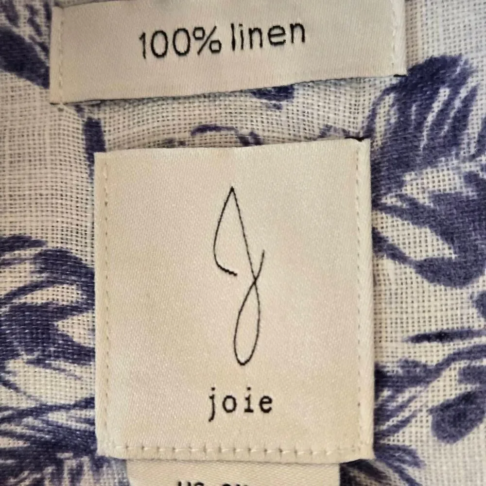 Joie Womens Tropical Print Linen Tunic Button Up Shirt Blue White Size 2X